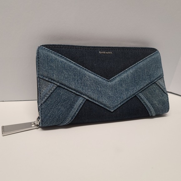 Diesel Denim Wallet Women Blue Jean Wallet Multiple Compartments Functional Zip - Picture 2 of 16